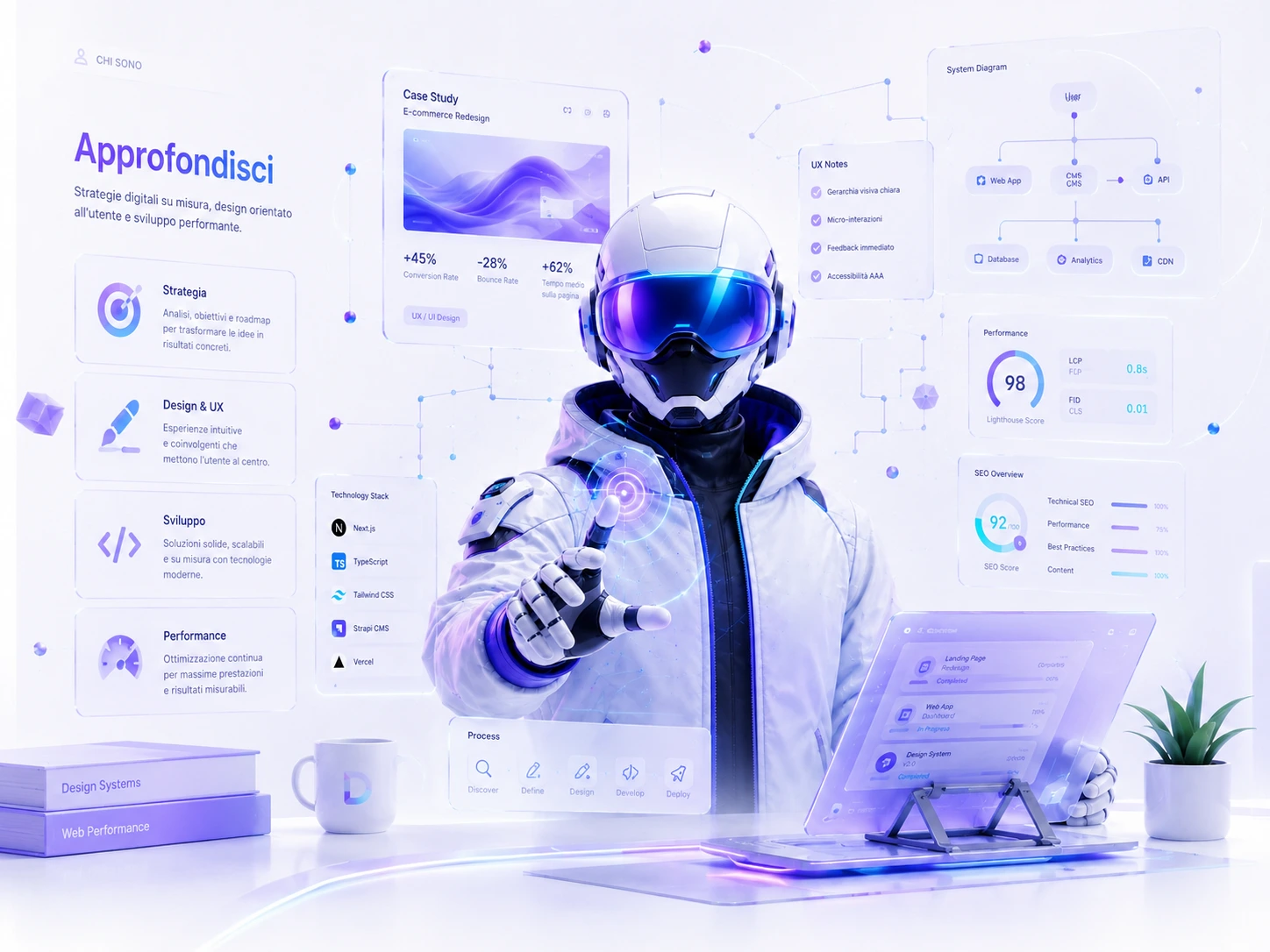 Stazione di lavoro AI futuristica con interfacce olografiche e atmosfera digitale chiara