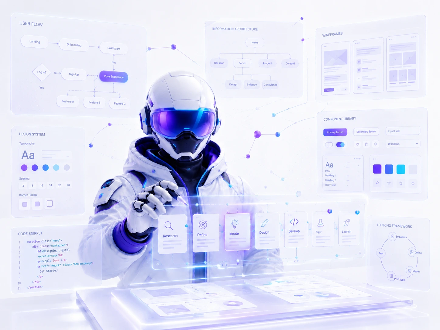 Alter ego con casco in un workspace digitale pop, con pannelli UX e flusso di progettazione