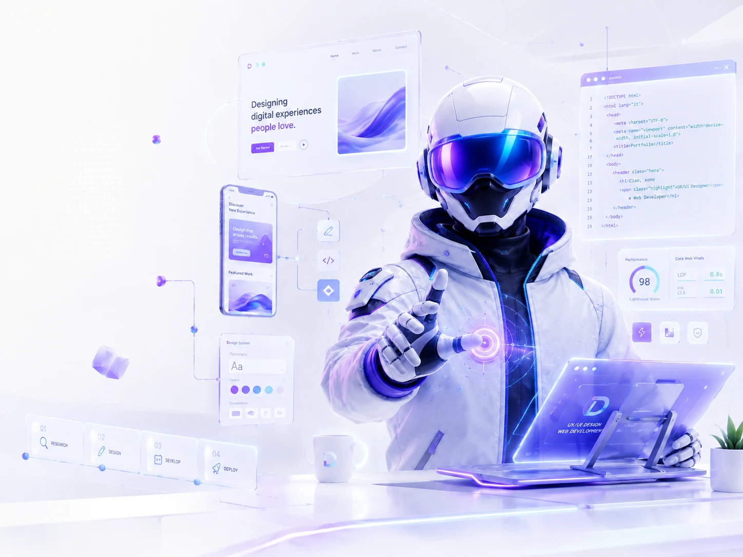 Figura creativa con casco in ambiente pop digitale, dashboard UX/UI e sviluppo WordPress in stile chiaro cinematografico