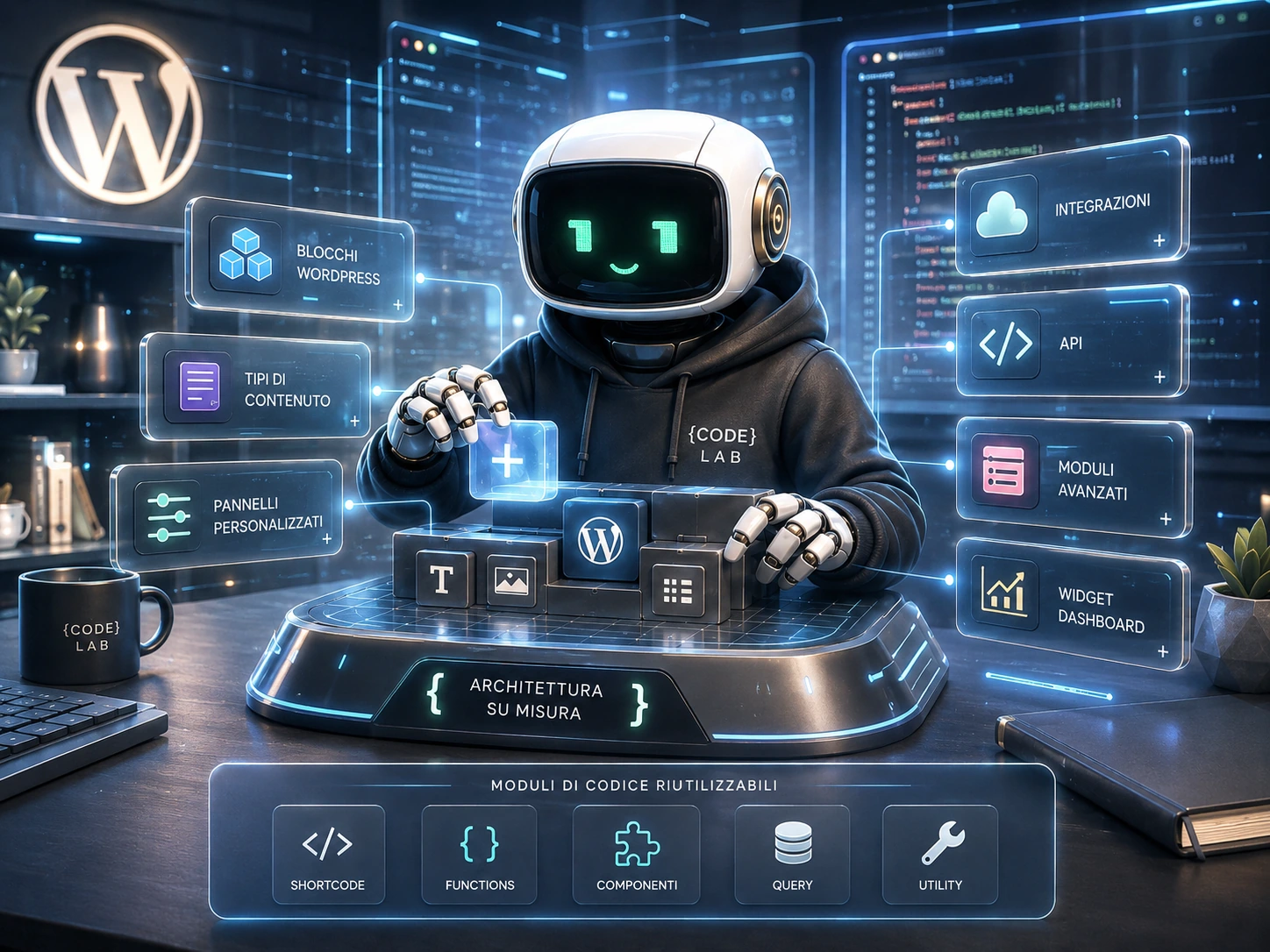 Laboratorio di codice futuristico con moduli WordPress, widget e automazioni in ambiente chiaro digitale