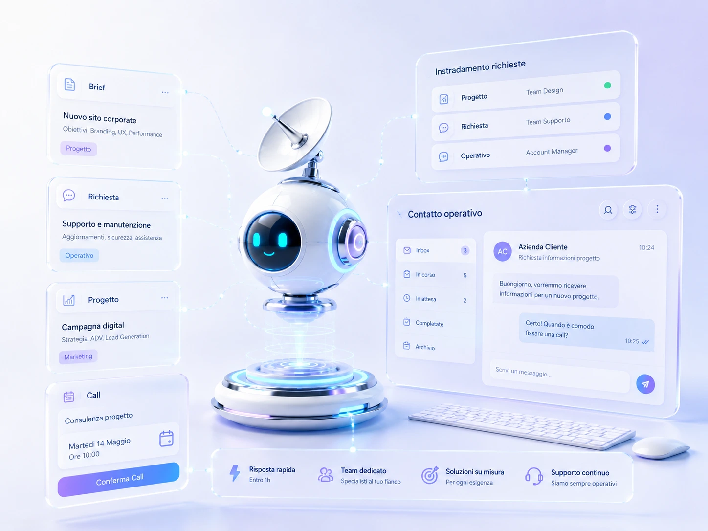 Anteprima operativa della pagina Contatti con dashboard, assistente digitale e richiesta progetto