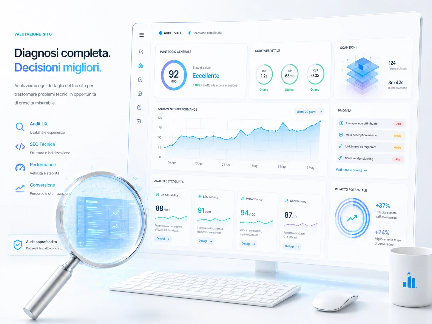 Dashboard chiara di valutazione sito con audit UX, SEO tecnica, performance e conversione
