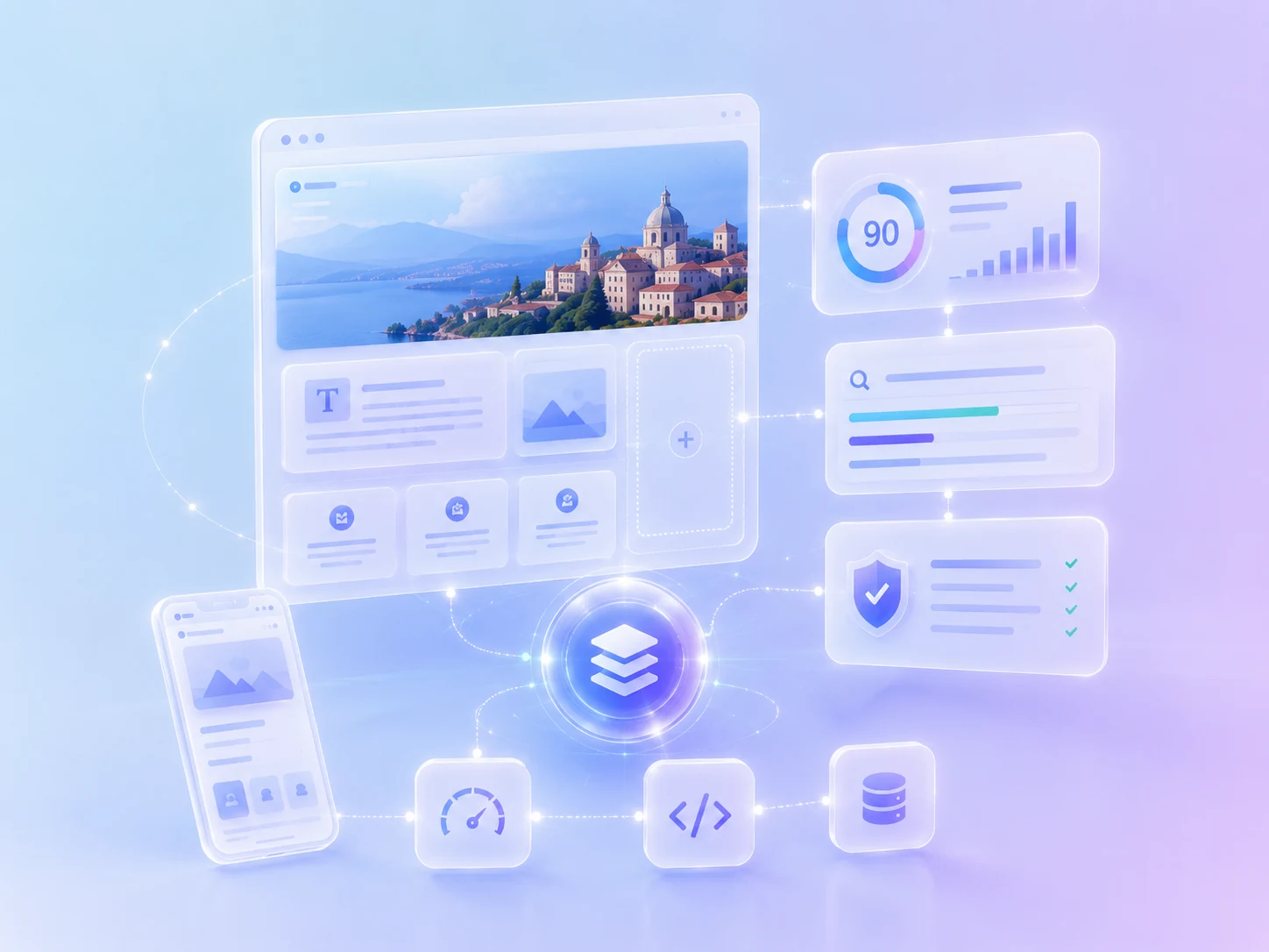 Sistema visuale per siti WordPress locali con dashboard, struttura contenuti, SEO e performance per Montefiascone