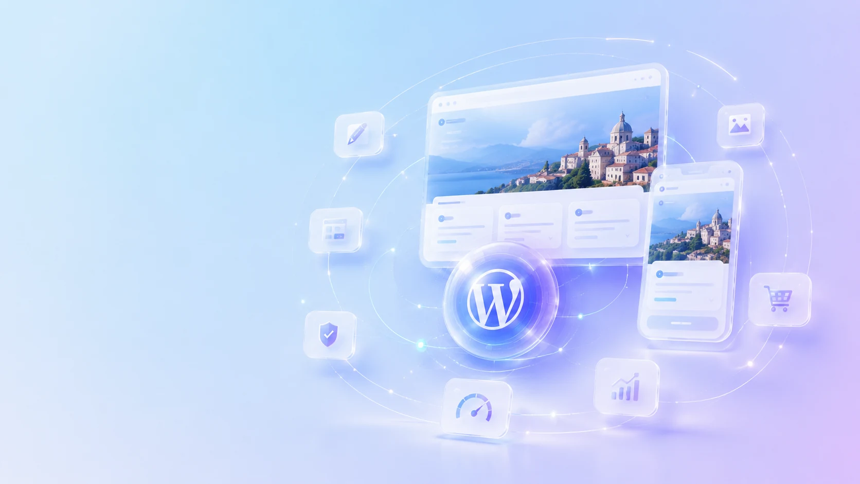 Sistema WordPress locale per Montefiascone con interfaccia web commerciale, smartphone e connessioni digitali in stile chiaro premium