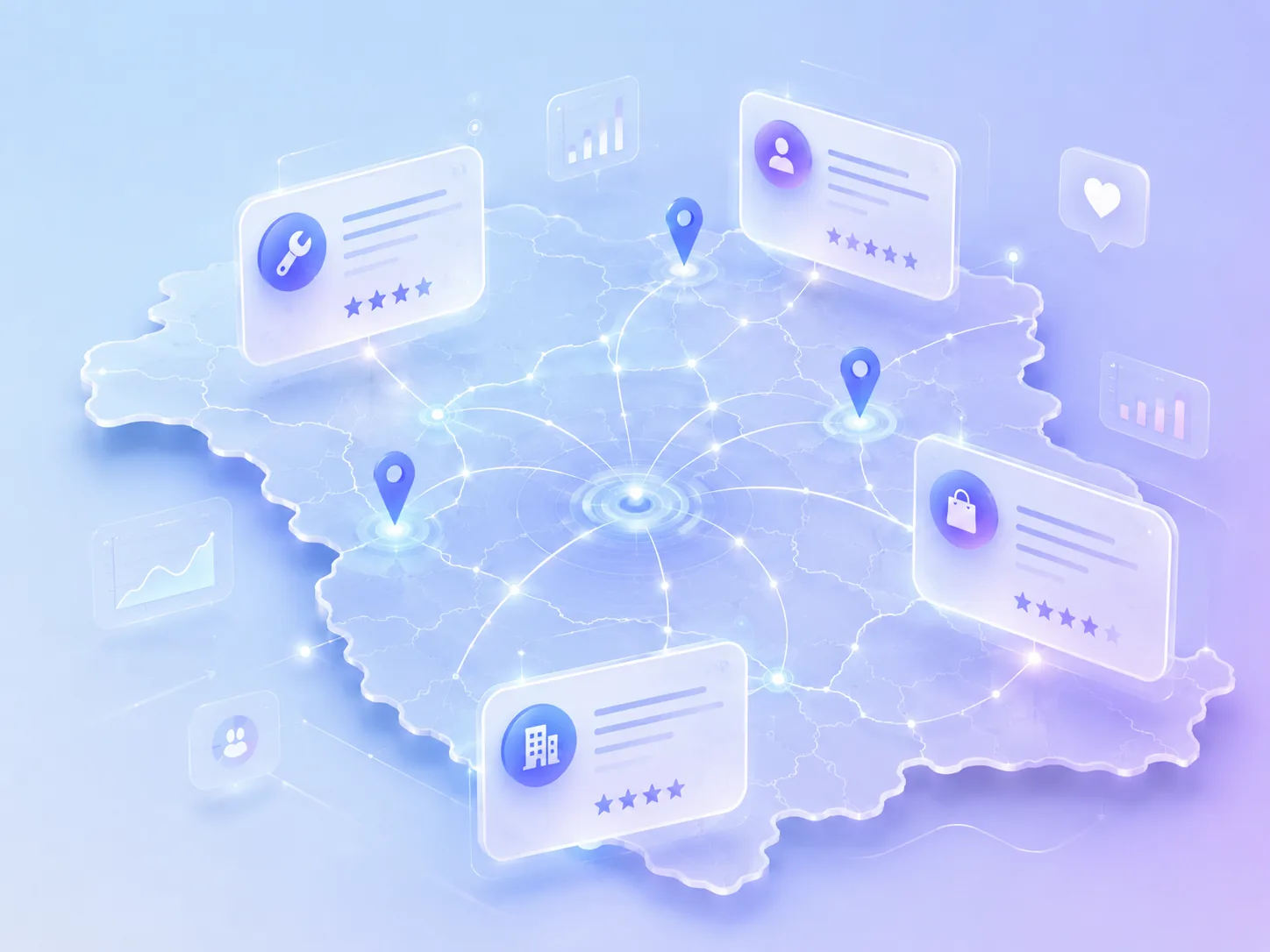 Mappa digitale della provincia di Viterbo con attività locali collegate a siti web professionali