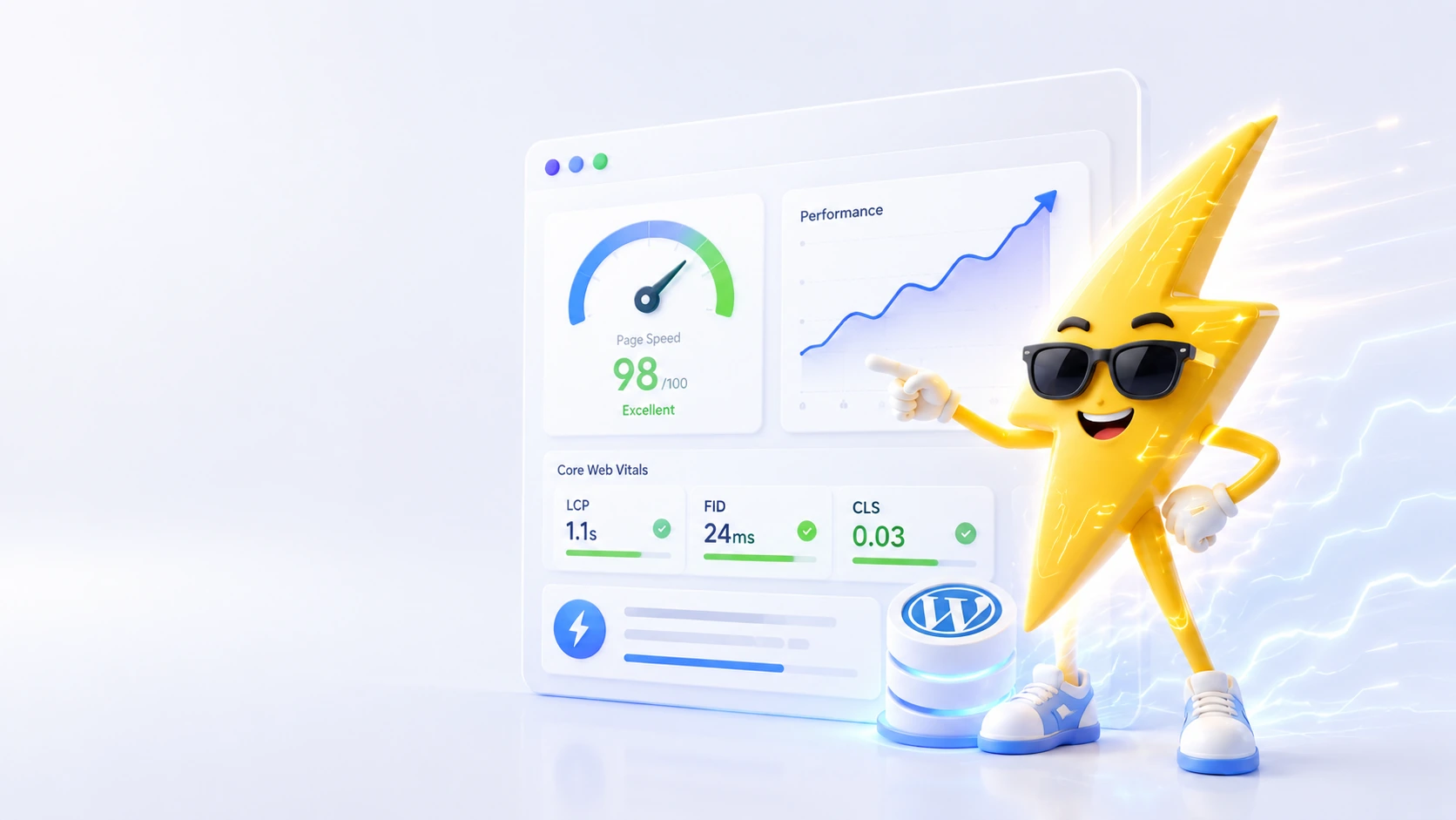 Mascotte fulmine digitale con occhiali da sole, dashboard performance e metriche Core Web Vitals in ambiente chiaro premium