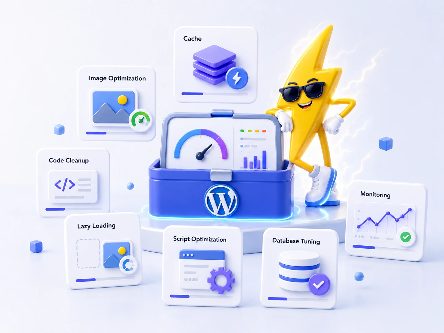 Kit di ottimizzazione performance in 3D con asset, immagini, cache, script e fluidità mobile in ambiente chiaro premium