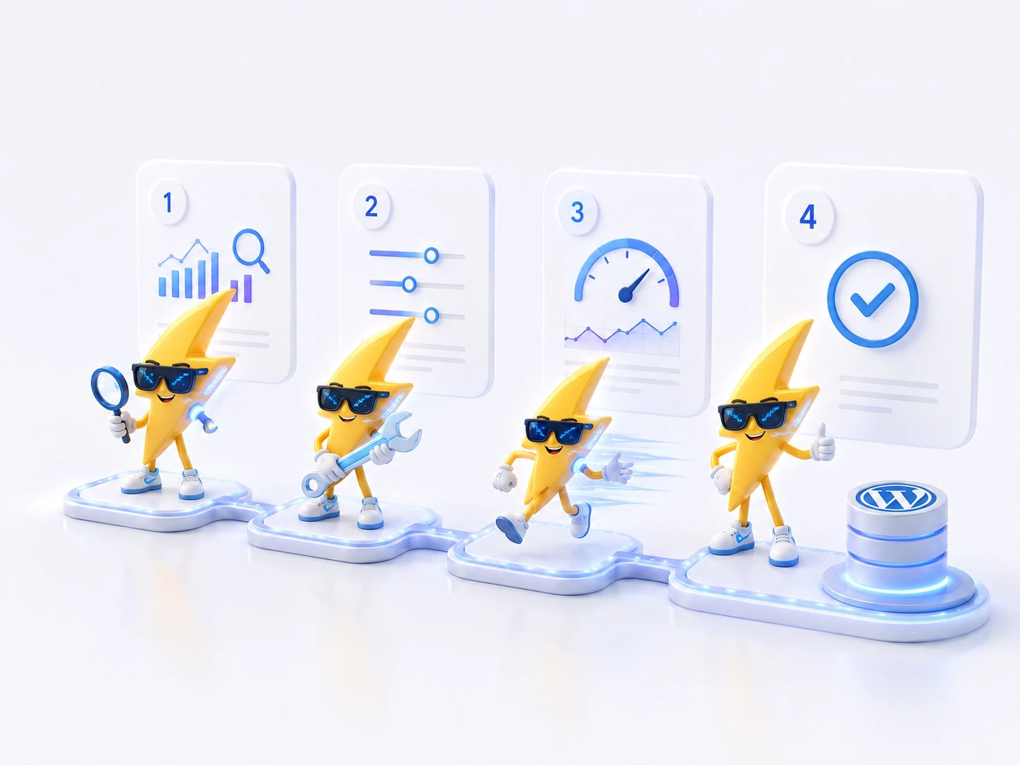 Metodo operativo performance WordPress in stile 3D chiaro con mascotte fulmine digitale, flusso step by step e ottimizzazione mirata