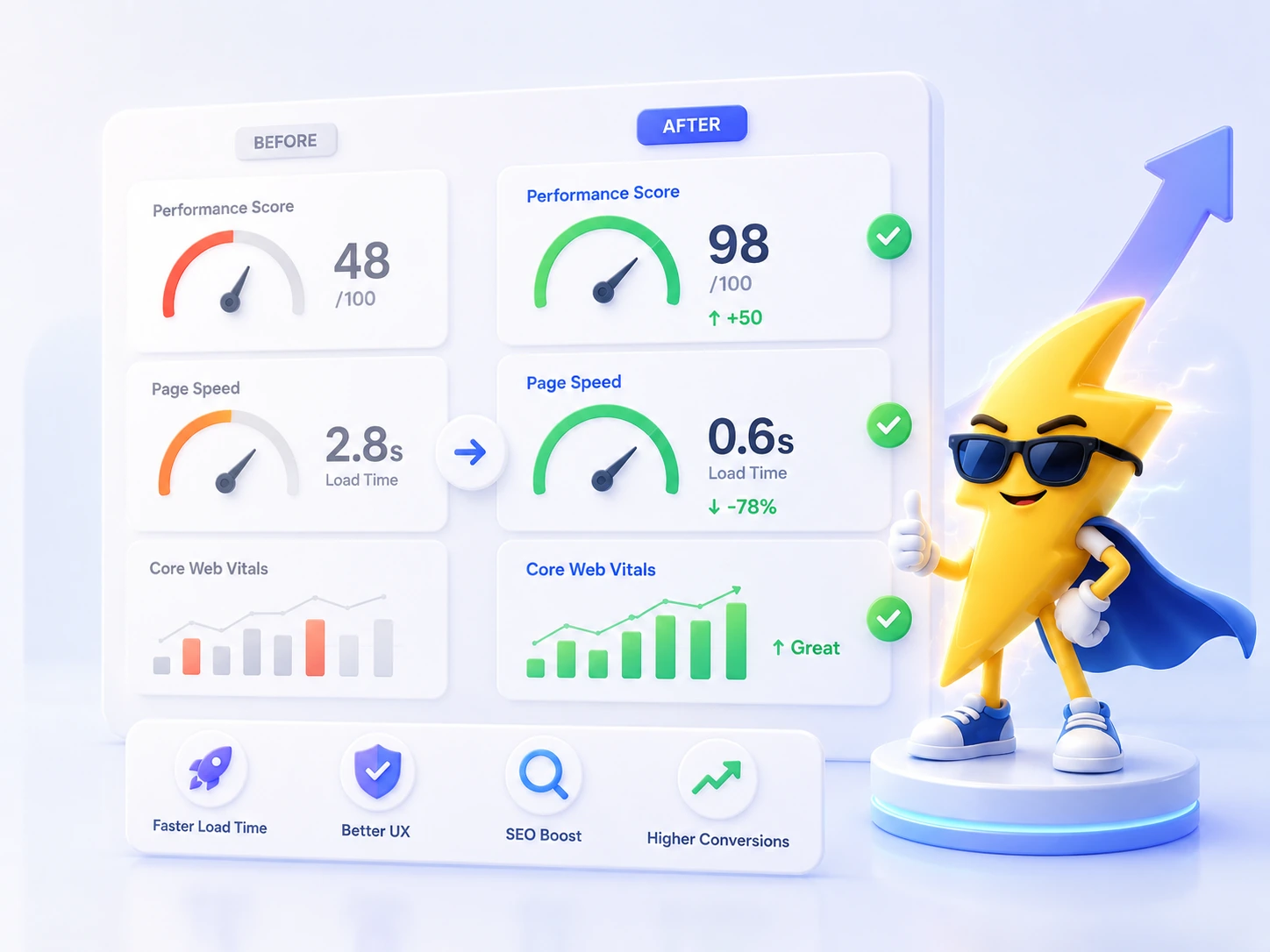 Dashboard di risultati performance prima e dopo con mascotte fulmine digitale, miglioramento Core Web Vitals e fluidità UX
