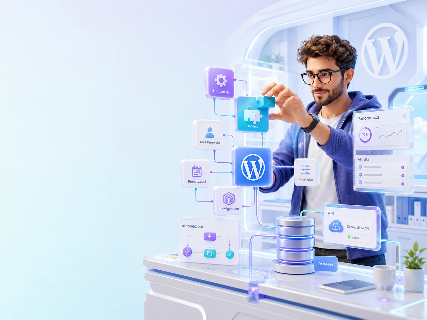 Professionista con interfacce WordPress e blocchi funzione custom in ambiente chiaro premium