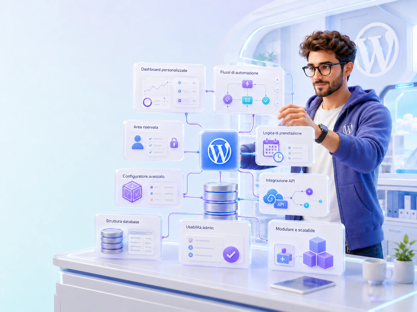 Interfaccia WordPress custom con componenti, flussi backend e moduli funzione in ambiente chiaro premium