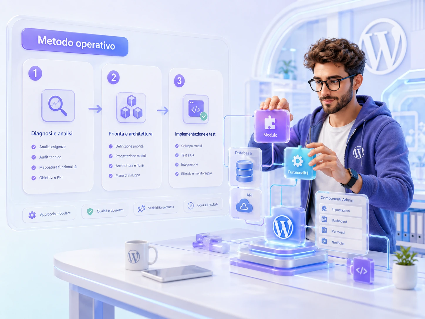 Metodo operativo per plugin WordPress custom con flusso di analisi, logica, sviluppo e verifica in ambiente chiaro premium