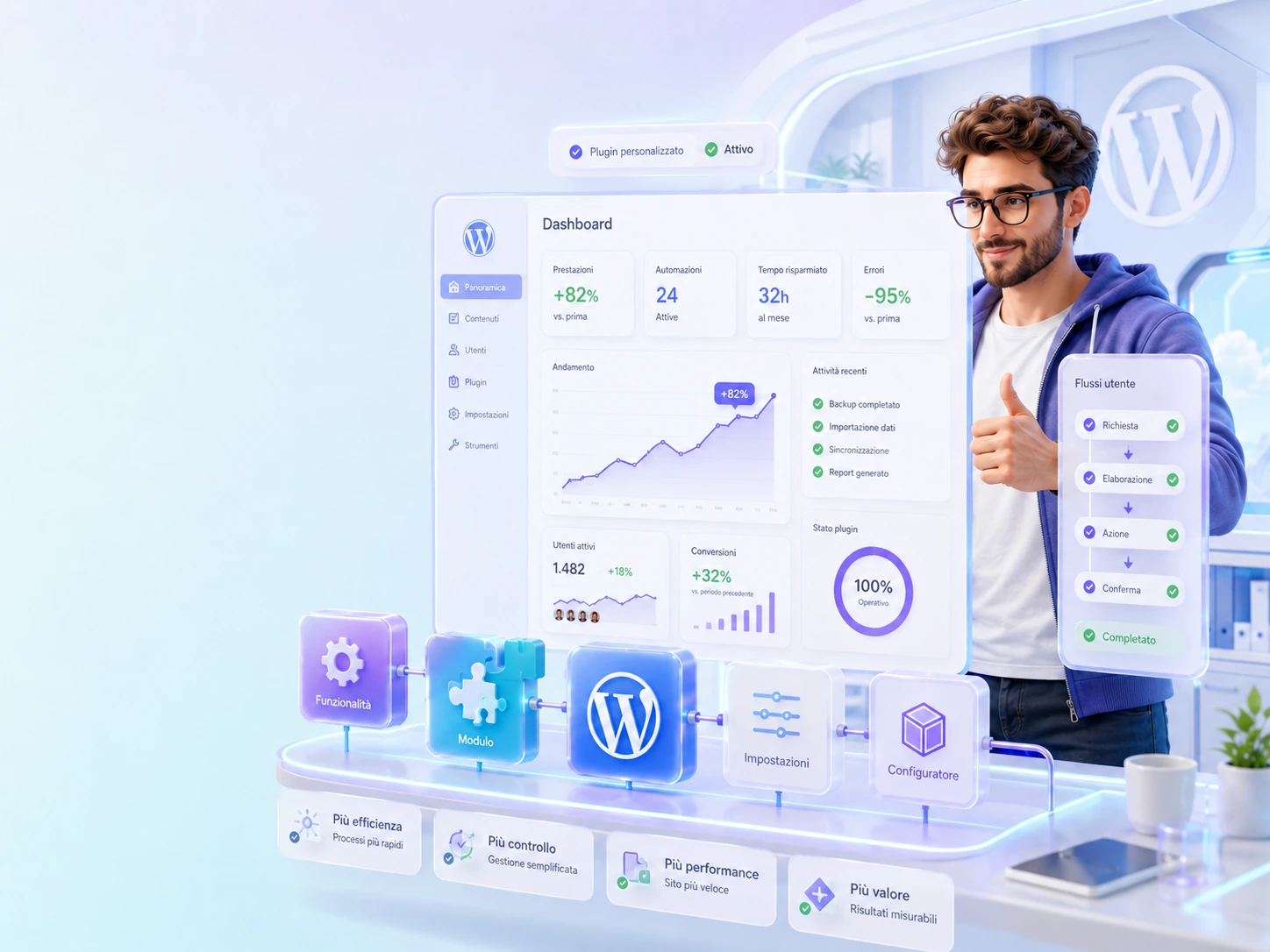Dashboard WordPress custom con moduli, metriche e funzionalità avanzate orientate al controllo del sistema