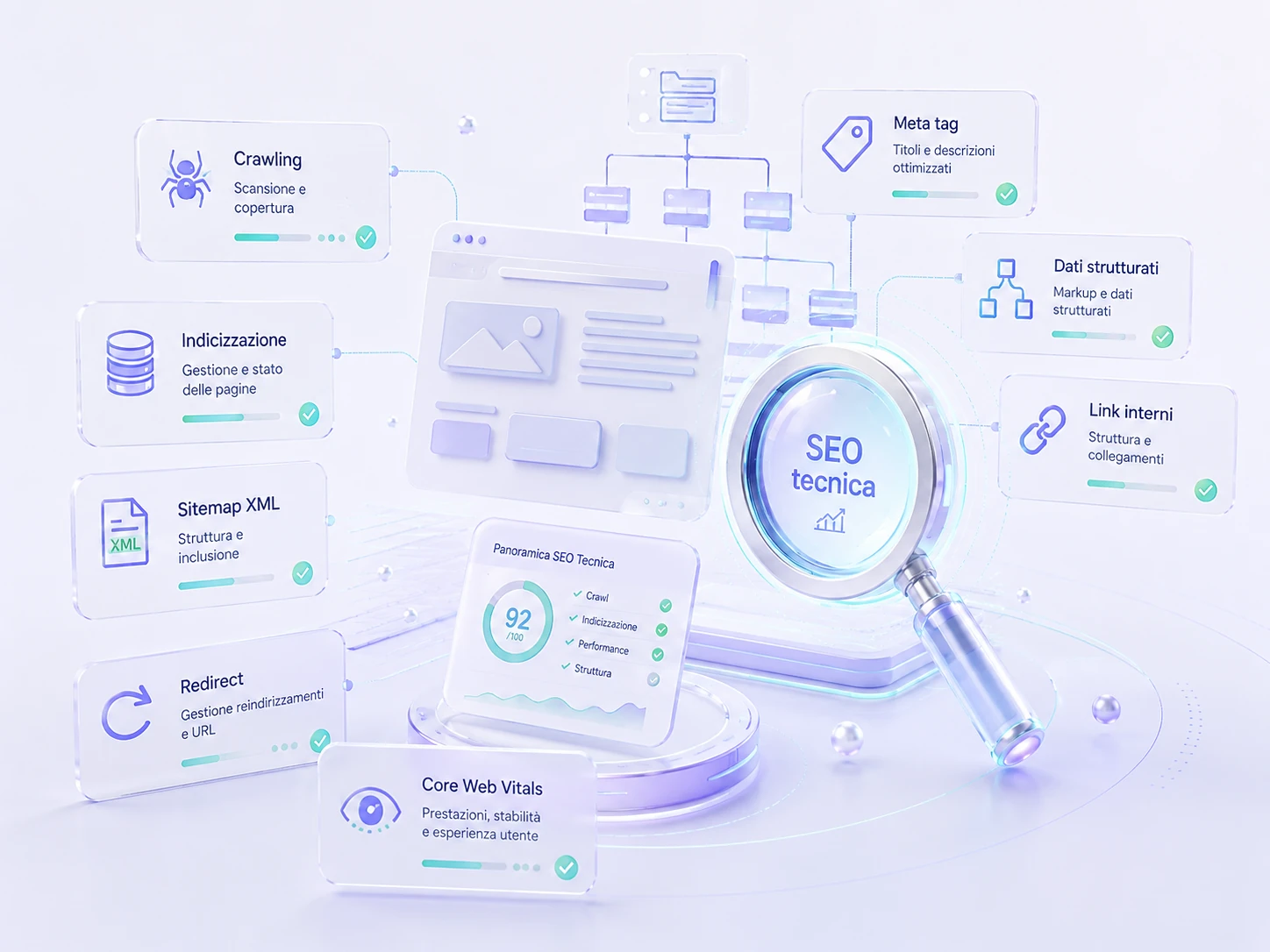 Infografica SEO tecnica in 3D con crawling, sitemap, link interni, meta tag e Core Web Vitals
