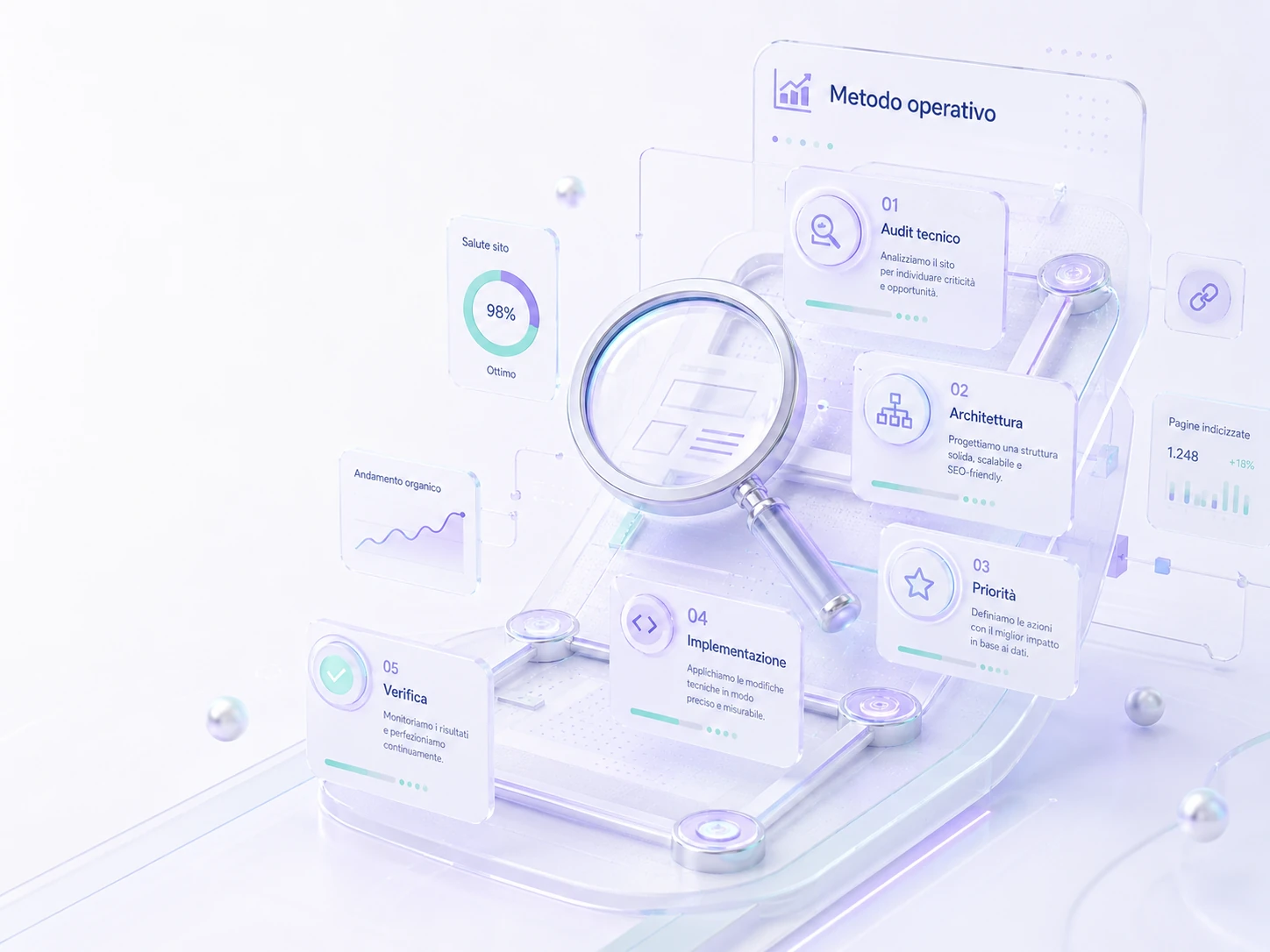 Metodo operativo SEO con lente, audit tecnico, architettura e verifica risultati in stile 3D chiaro