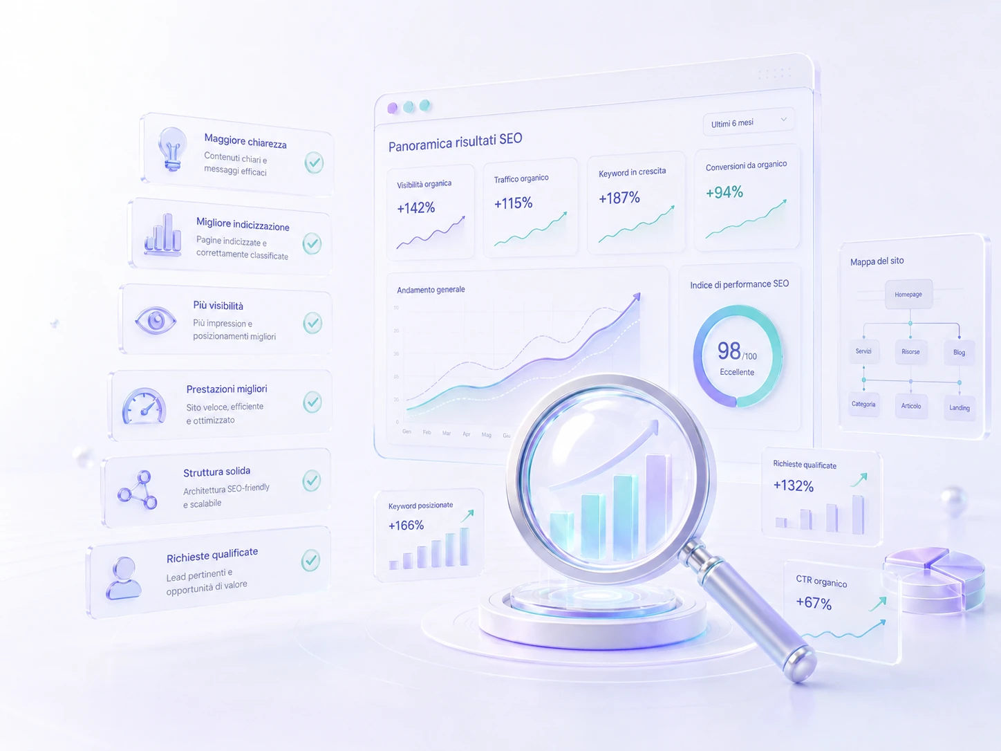 Dashboard panoramica dei risultati SEO con lente, crescita visibilità, traffico e richieste qualificate