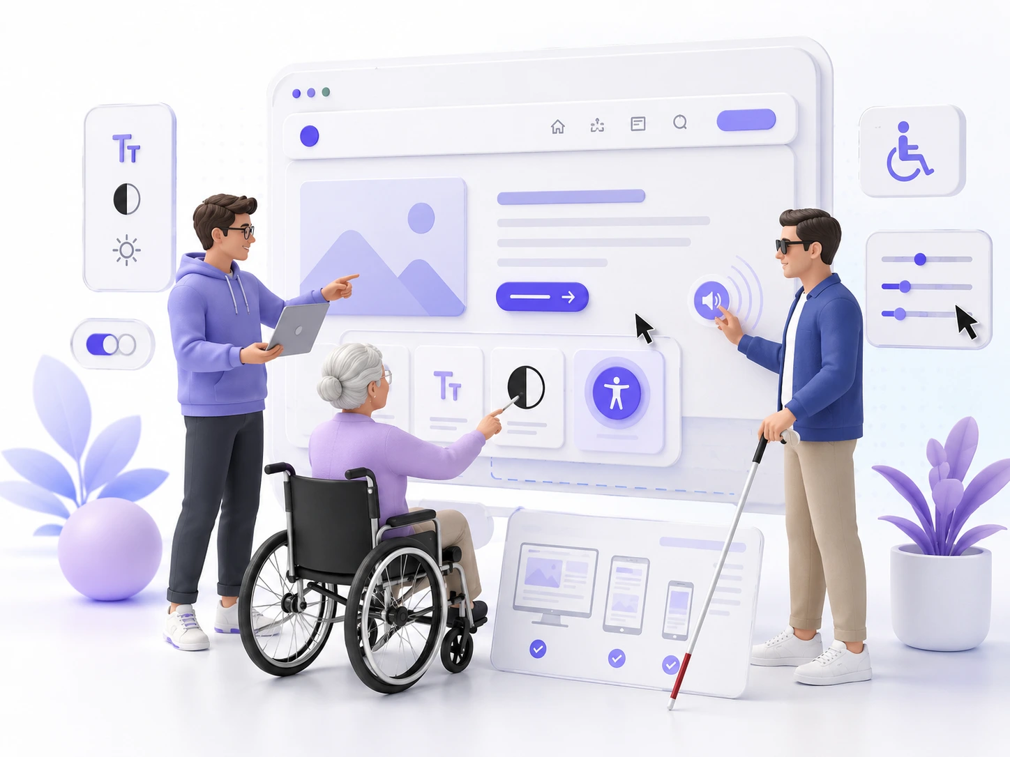 Esperienza digitale inclusiva con persone di età diverse, interfaccia accessibile e componenti UI in ambiente chiaro premium