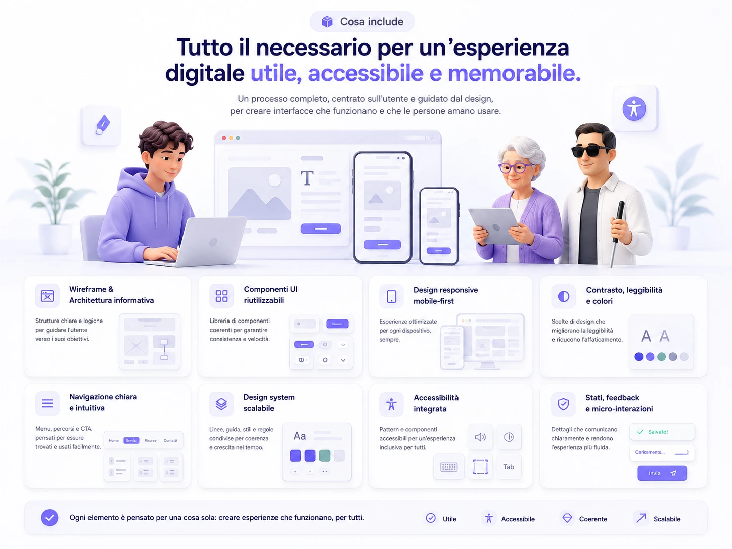 Design digitale accessibile e intuitivo con componenti UI, device e supporti inclusivi in ambiente chiaro premium