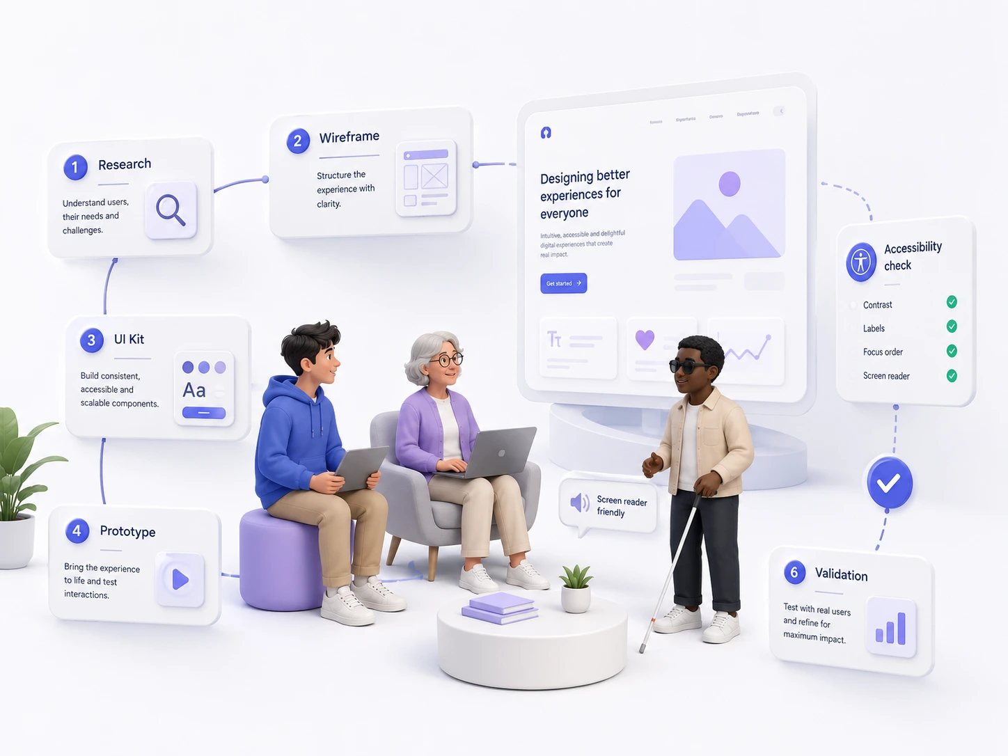 Processo di design UX inclusivo in stile 3D chiaro con persone diverse, flusso decisionale e interfaccia accessibile