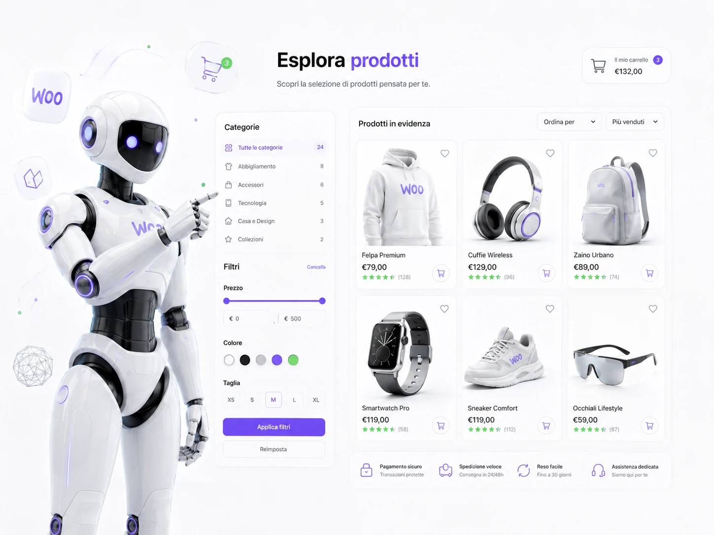 Catalogo WooCommerce futuristico con robot 3D, filtri, prodotti e struttura di browsing chiara