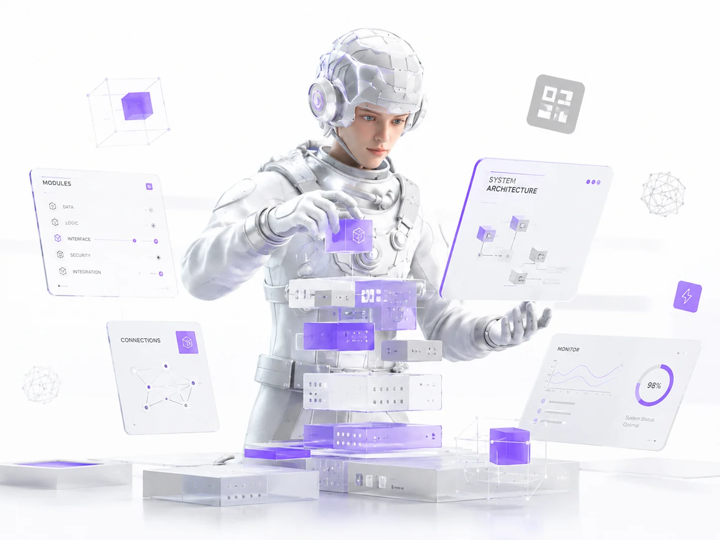 Visual di architettura digitale modulare con astronauta e componenti di sistema