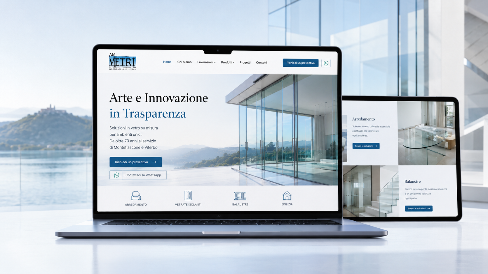 Hero mockup responsive del sito AM Vetri con desktop e tablet per vetreria su misura