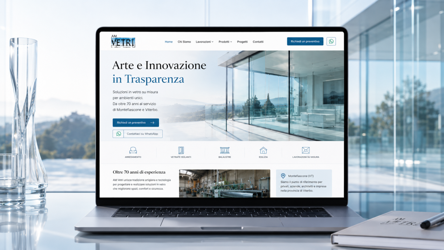 Homepage desktop del sito AM Vetri con servizi di vetreria, preventivo e lavorazioni su misura