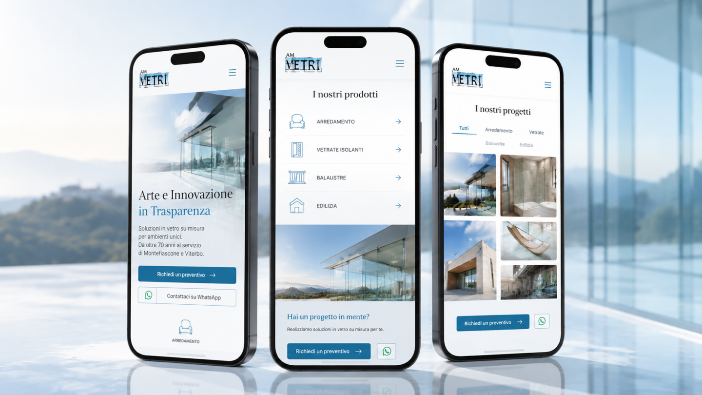 Mockup mobile del sito AM Vetri con prodotti, progetti in vetro e richieste di preventivo