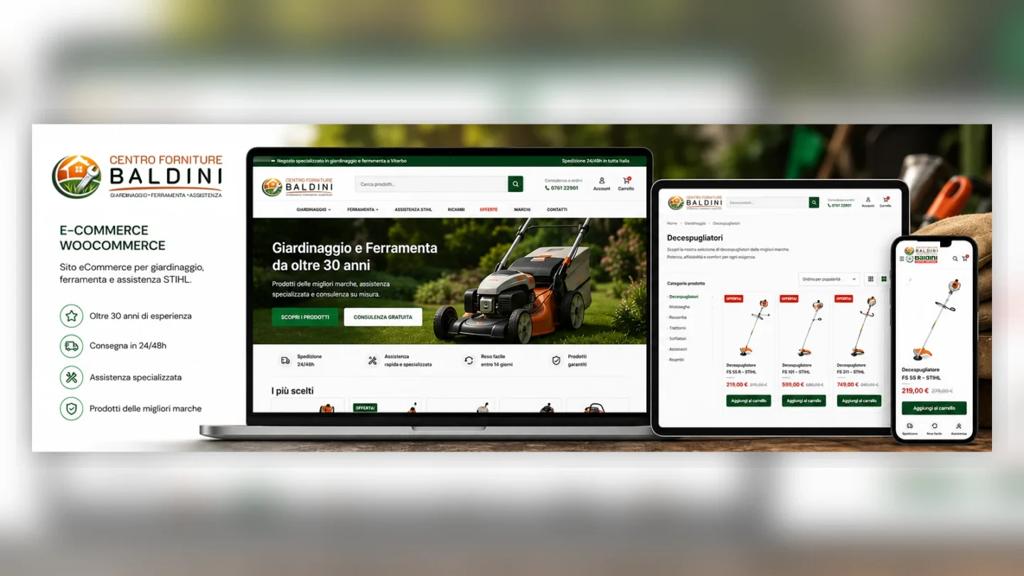 Mockup responsive desktop tablet e mobile del sito Centro Forniture Baldini ecommerce woocommerce