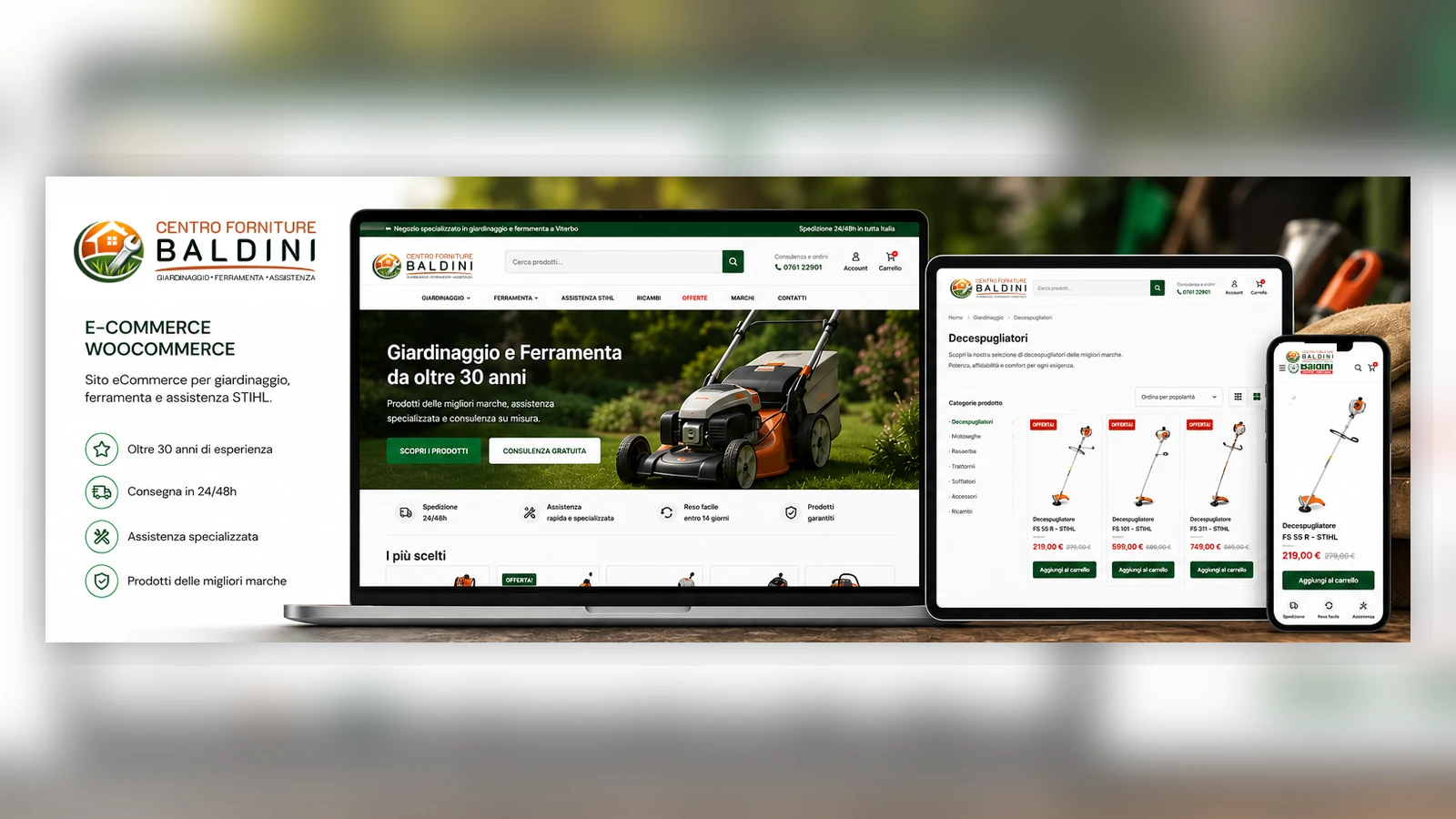Mockup responsive desktop tablet e mobile del sito Centro Forniture Baldini ecommerce woocommerce