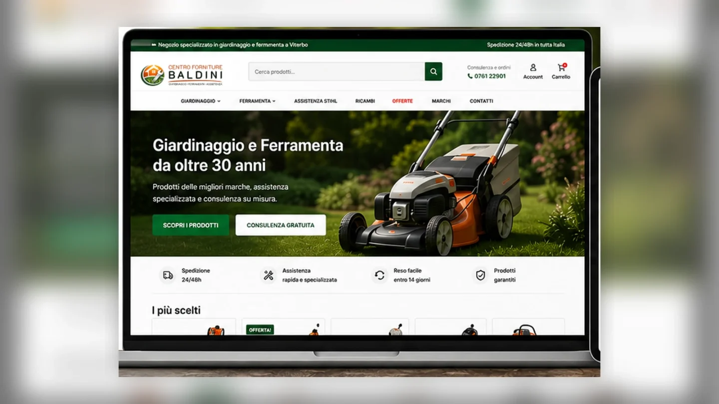 Homepage desktop Centro Forniture Baldini con hero, CTA e prodotti in evidenza ecommerce woocommerce