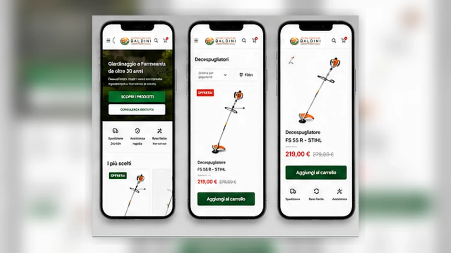 Mockup mobile eCommerce Centro Forniture Baldini con homepage, categoria prodotto e scheda prodotto