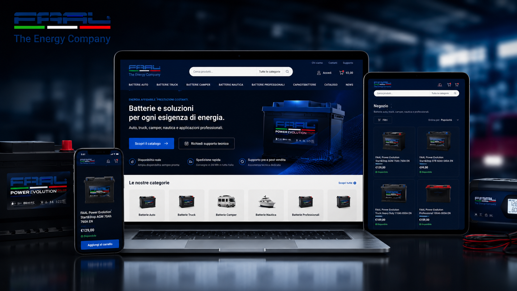 Hero mockup responsive del sito FAAL Batterie con desktop, tablet e mobile per eCommerce tecnico WooCommerce