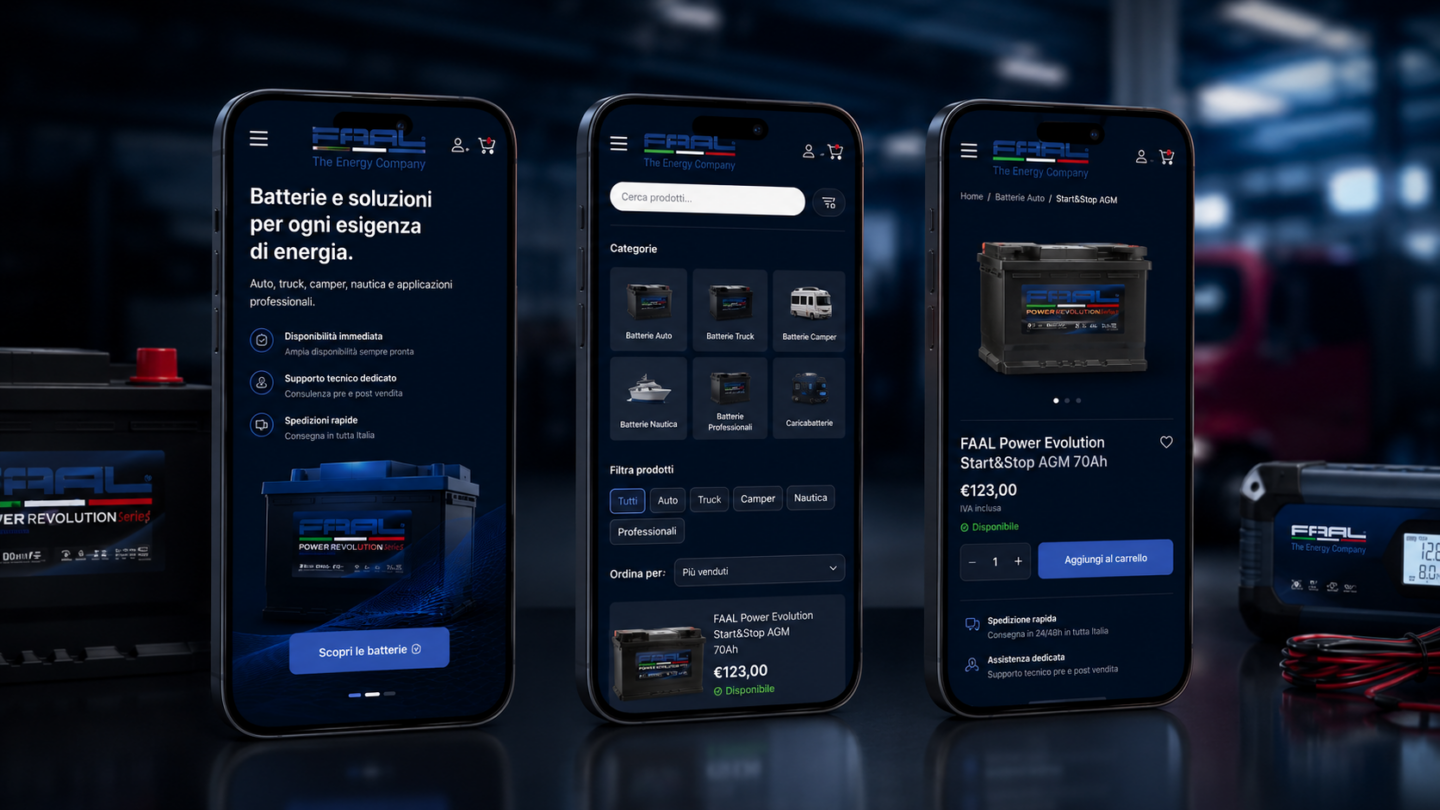 Mockup mobile del sito FAAL Batterie con scheda prodotto, acquisto online e supporto tecnico