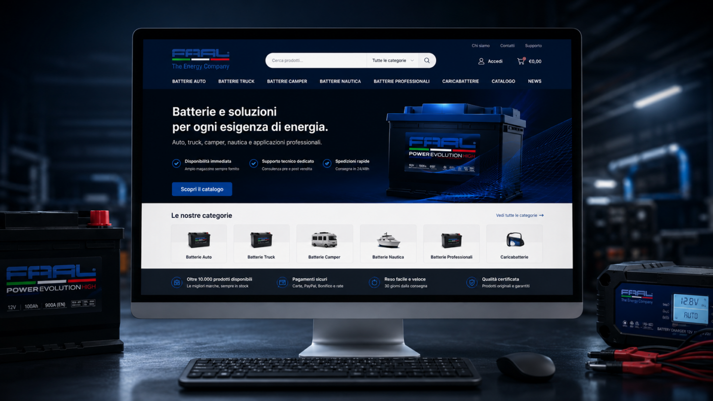 Mockup desktop del catalogo prodotti FAAL Batterie con shop WooCommerce, categorie e batterie per più applicazioni