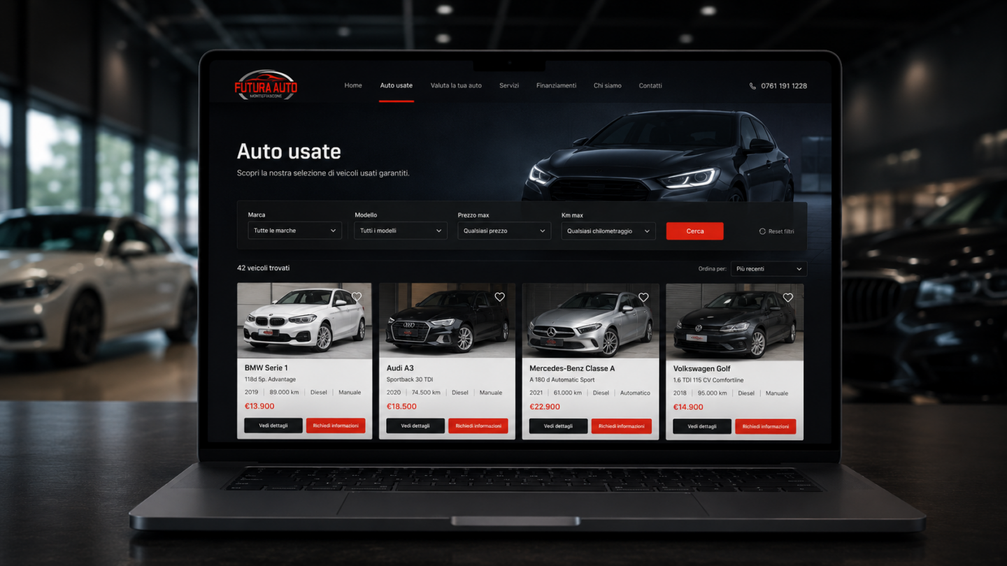 Mockup desktop dell’archivio veicoli Futura Automotive con filtri, auto usate e richieste informazioni