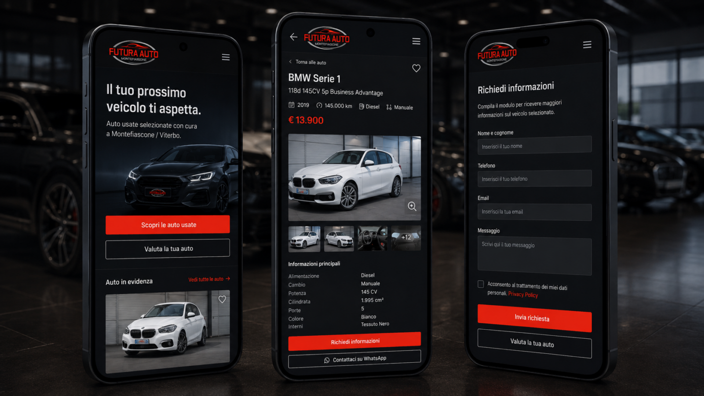 Mockup mobile del sito Futura Automotive con scheda auto, richiesta informazioni e valutazione usato