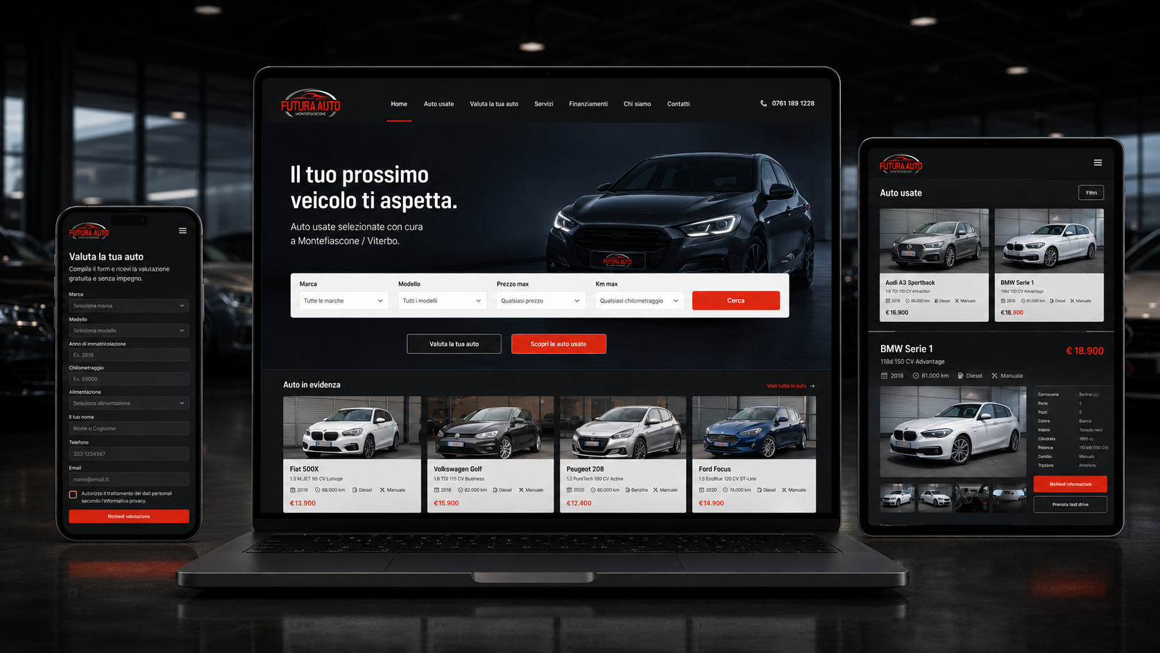 Mockup portfolio del sito WordPress custom Futura Automotive per concessionaria auto usate a Montefiascone e Viterbo