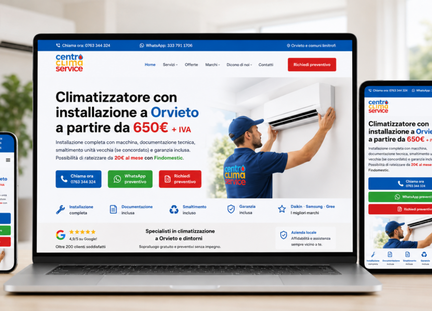Anteprima case study Centro Clima Service — Landing page climatizzatori conversion-first: progetto WordPress custom, UX e performance