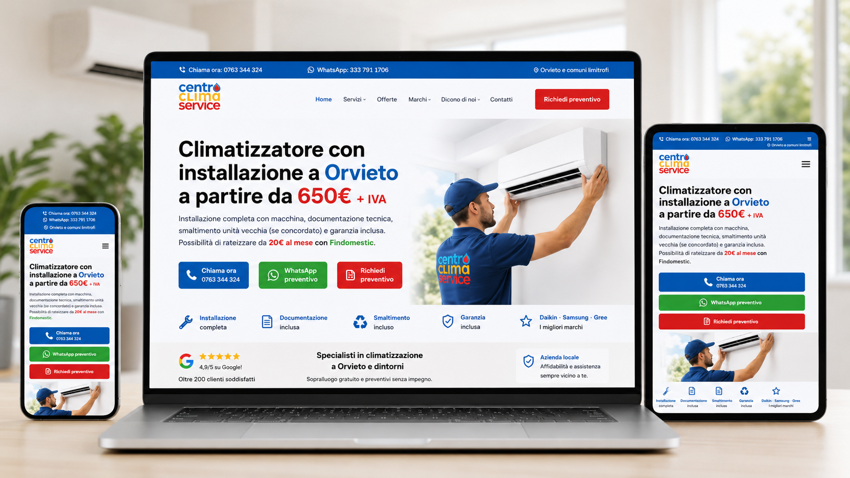 Hero mockup responsive della landing Centro Clima Service con climatizzatore, chiamata, WhatsApp e richiesta preventivo