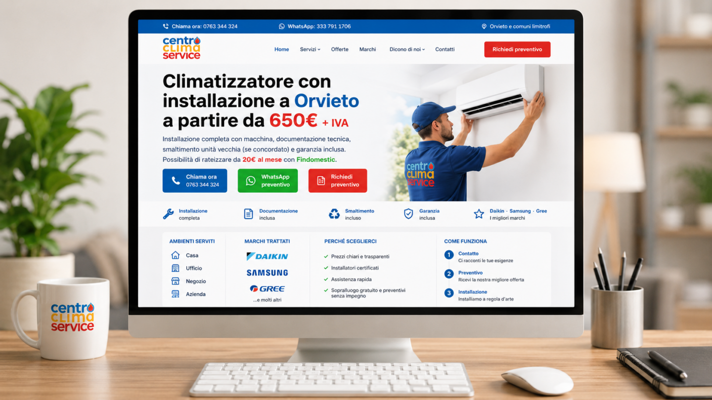 Mockup desktop della landing Centro Clima Service per campagna Google Ads climatizzatori a Orvieto