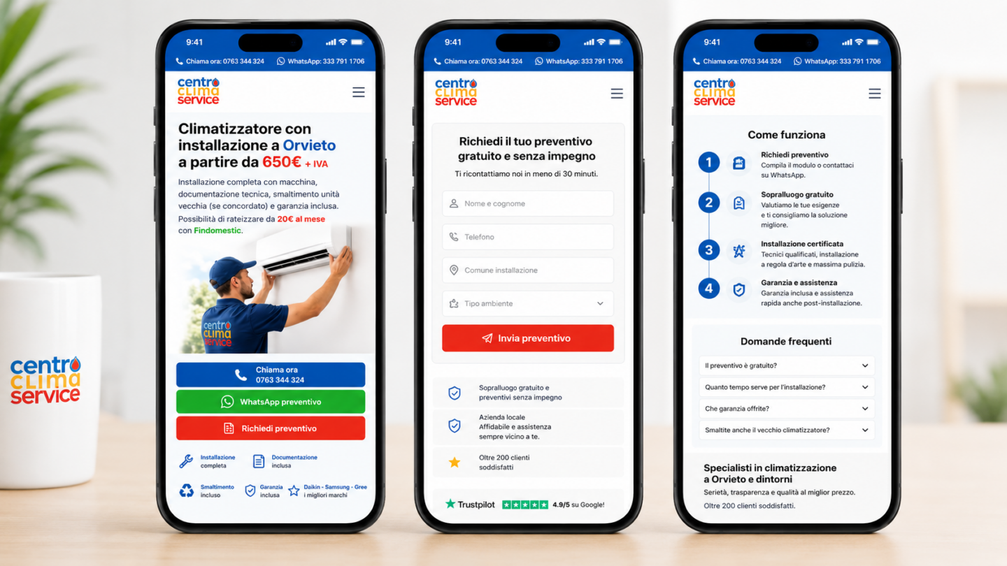Mockup mobile della landing Centro Clima Service con CTA chiamata, WhatsApp, form preventivo e installazione climatizzatori