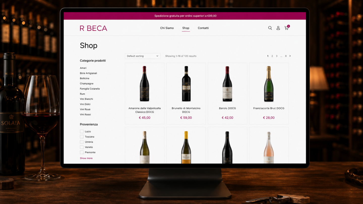 Mockup desktop dello shop WooCommerce Enoteca Rubeca con catalogo vini, categorie e provenienze regionali