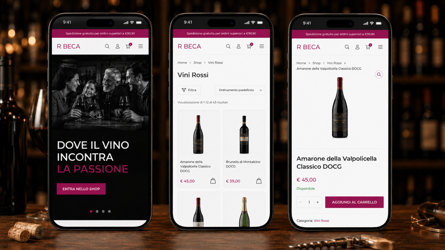 Mockup mobile Enoteca Rubeca con navigazione prodotti, scheda vino e acquisto online