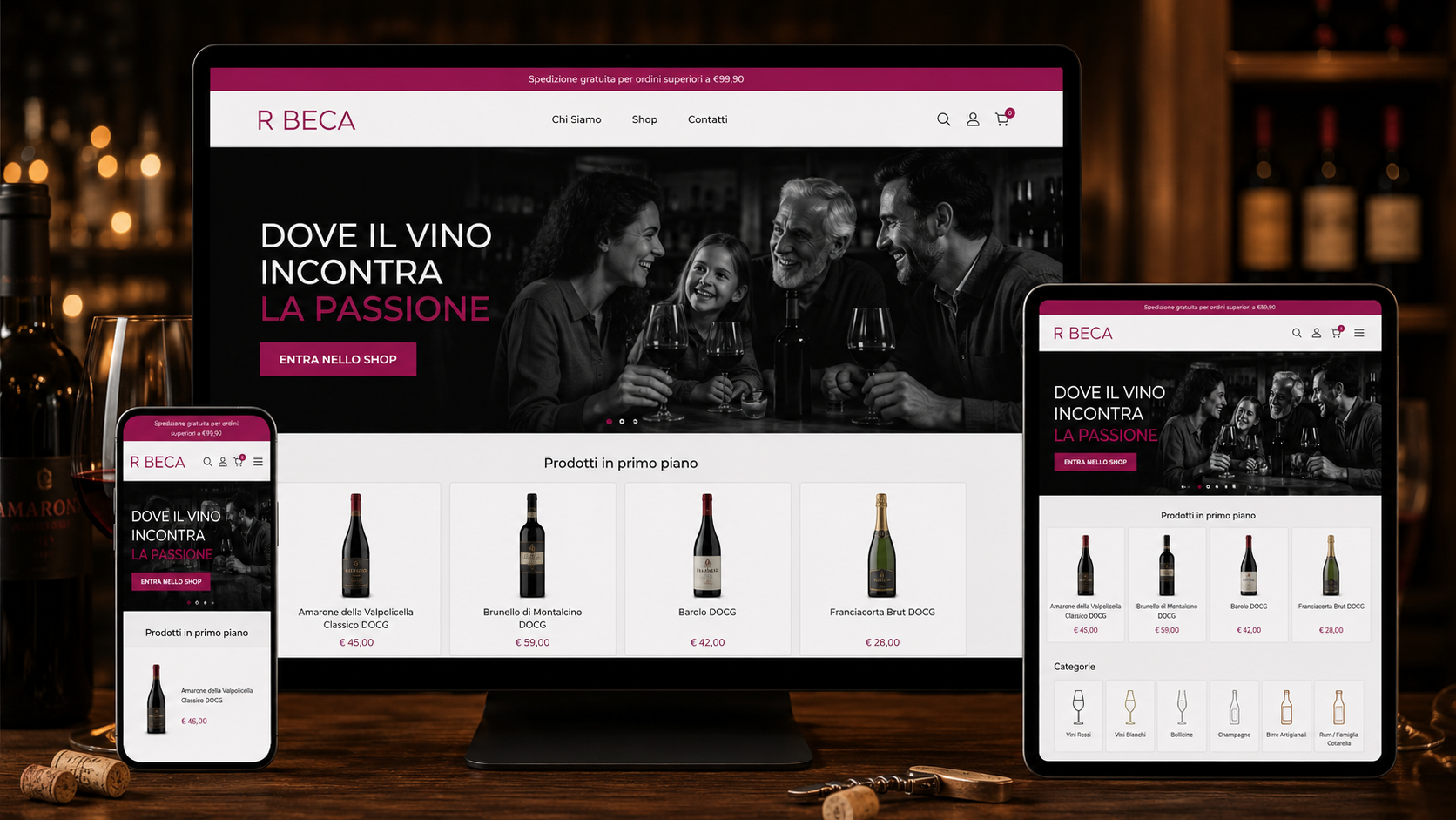 Mockup responsive Enoteca Rubeca con homepage, prodotti in evidenza e categorie vini su desktop tablet e mobile